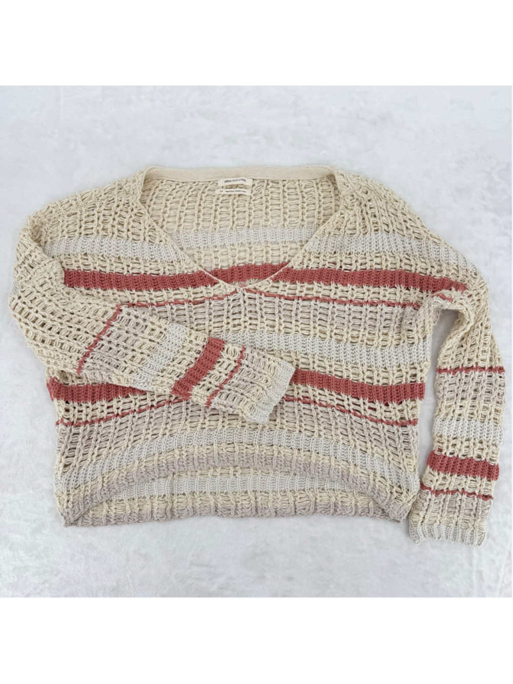 Urban Outfitters Cropped Sweater Loose Knit Tan Coral Stripes Cottagecore Small